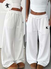 SHEIN Tween Girl Casual Everyday Versatile Comfortable Mid-Waist Embroidered Pattern Sweatpants - White - View 2