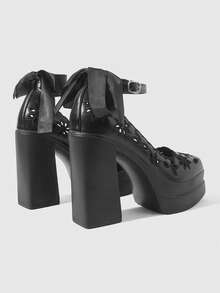 ROMWE Women's Fashion And Sexy Platform High-Heeled Shoes, Punk Style, Gothic Style, Dark Style, Hollow Embroidery And Engraving, Buckle - Black - View 4