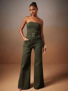 NYA SZN Jumpsuit Buckle Detail Strapless Beach Poolside Yatch Brunch Casual Everyday Summer Statement Unique Outfits For Women - Green - View 5