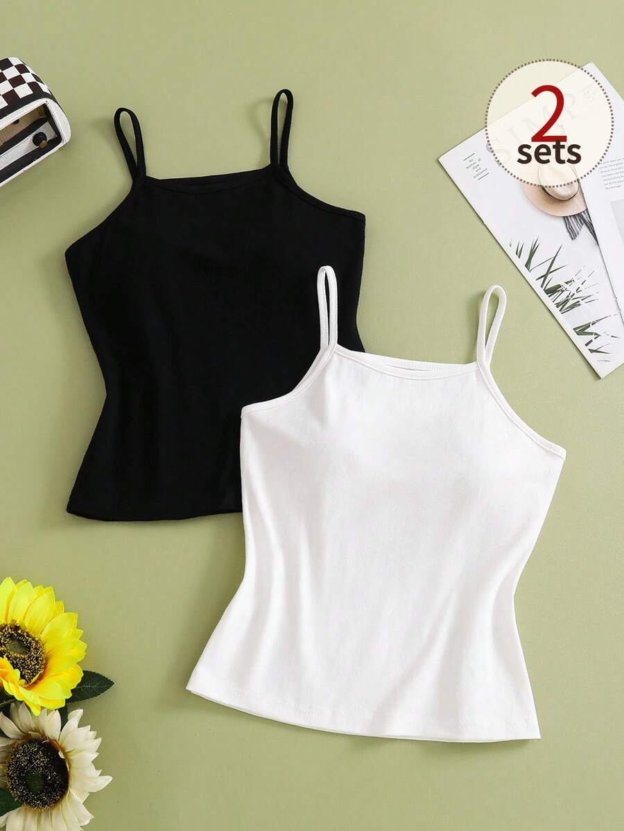 Tween Girls Autumn/Winter Outfit White Tops Camisole 2-Piece Set, Soft Skin-Friendly Fabric, Simple , Suitable For Outerwear Or Layering,Back To Schoo - Multicolor - View 1
