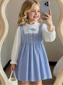 Young Girl Autumn 2 In 1 Dress, Textured Blue And White Patchwork Design, Exquisite Bow + Pearl Button Embellishment, Soft Skin-Friendly Fabric, Gentle Preppy Style High-Quality Children's Clothing - Blue - View 6