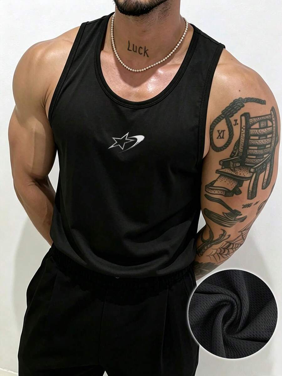 GymBeat Men's Star Print Contrast Color Sports Tank Top For Running - Black - View 1