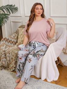Serenescape Conjunto de pijama de talla grande para mujer con cuello redondo, unicolor y estampado de plantas & pájaros - Multicolor - Ver 5
