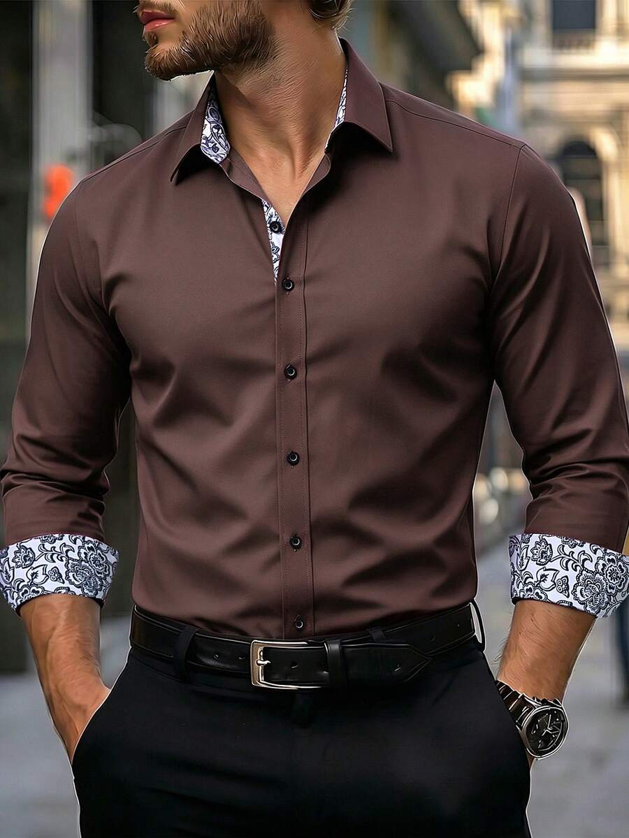 Manfinity Mode Men's Floral Print Single-Breasted Long-Sleeved Shirt (Non-Positional), Formal - Coffee Brown - View 1