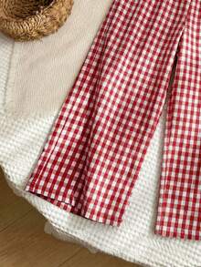 SHEIN LMoss Young Girl Woven Plaid Loose Casual Pants - Red - View 4