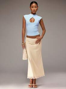 SHEIN BAE Women's Beige/Cream Solid Color Lace Trim Spliced Midi Satin Skirt, Suitable For Vacation, Beach Date, Party, Brunch, Commute, Wedding Guest Wear. - Apricot - View 7