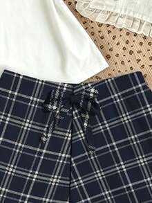 青少年女孩休閒寬鬆簡約圓領短袖短褲家居服，適合春夏季 - 彩色 - 查看 5