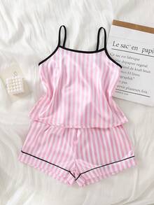 Girls Pink & White Striped Minimalist Print Faux Silk Camisole Top And Shorts Comfortable 2 Pieces Loungewear Set - Pink - View 5