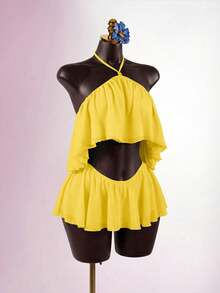 SaltGleam SaltGleam Sexy Tropical Summer Beach Party Vacation Backless Camisole Top With Bead Decor, Asymmetric Hem, Double Layer Flowy Ruffle, Mini Skirt Yellow - Pale Yellow - View 1