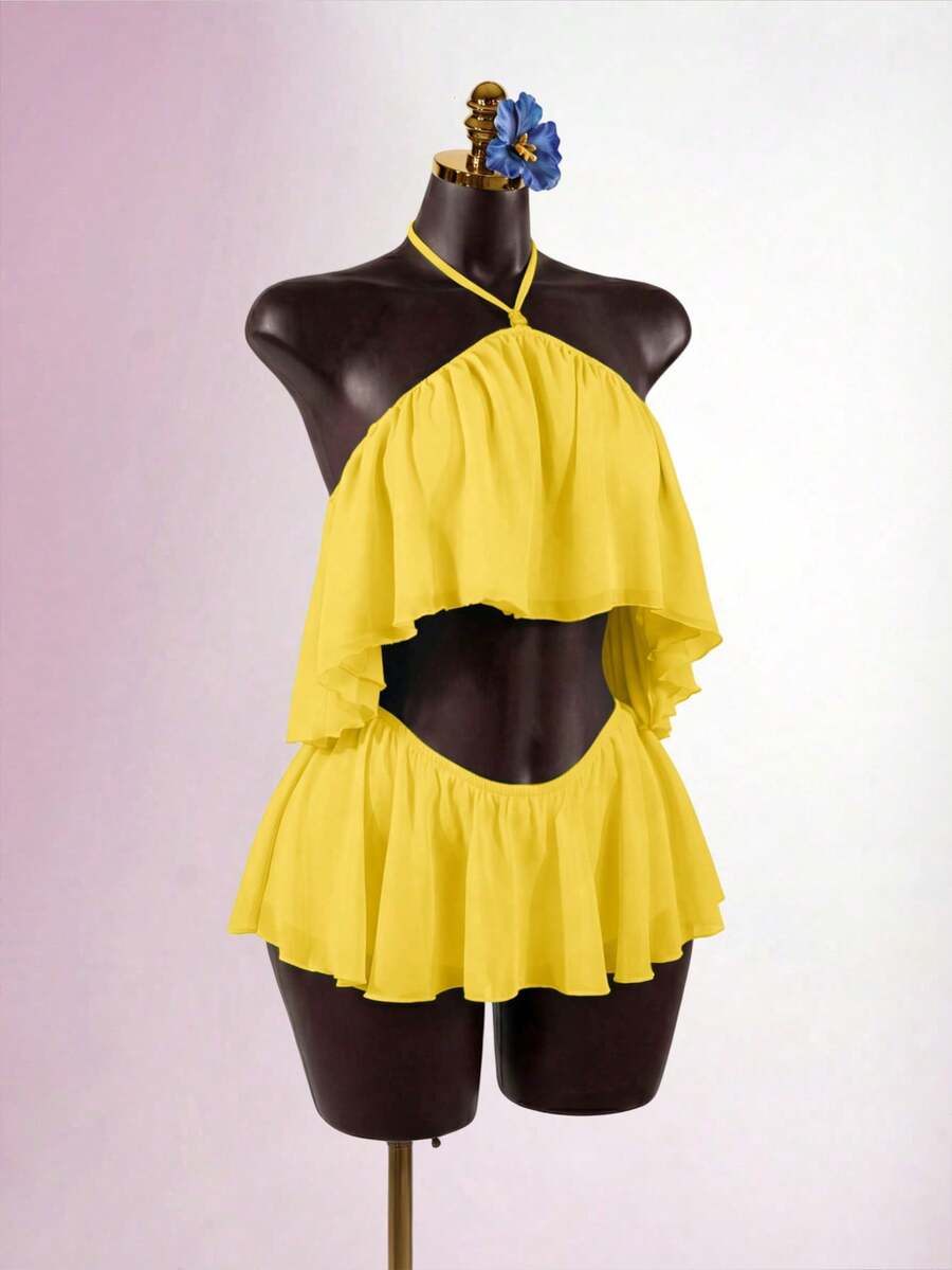 SaltGleam SaltGleam Sexy Tropical Summer Beach Party Vacation Backless Camisole Top With Bead Decor, Asymmetric Hem, Double Layer Flowy Ruffle, Mini Skirt Yellow - Pale Yellow - View 1