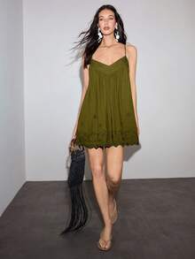 MOTF PREMIUM VACATION LINEN EMBROIDERED LOOSE SHORT DRESS, SPRING/SUMMER - Olive Green - View 9