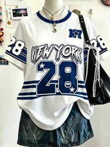 SHEIN 青少年女孩數位英文數字圖案短袖T恤，春夏休閒舒適時尚風格，適合外出、戶外運動圖案設計，完美適用於戶外野餐、街頭攝影、居家、校園、節慶、禮物、日常穿著，極簡風格，四季皆宜，返校季 - 彩色 - 查看 4