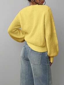 SHEIN BASICS 女款休閒百搭純色針織衫，秋冬款 - Butter Yellow - 查看 2