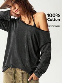 Bohemela Casual Solid Color Off-Shoulder Fashion Long Sleeve Knit T-Shirt - Black - View 1