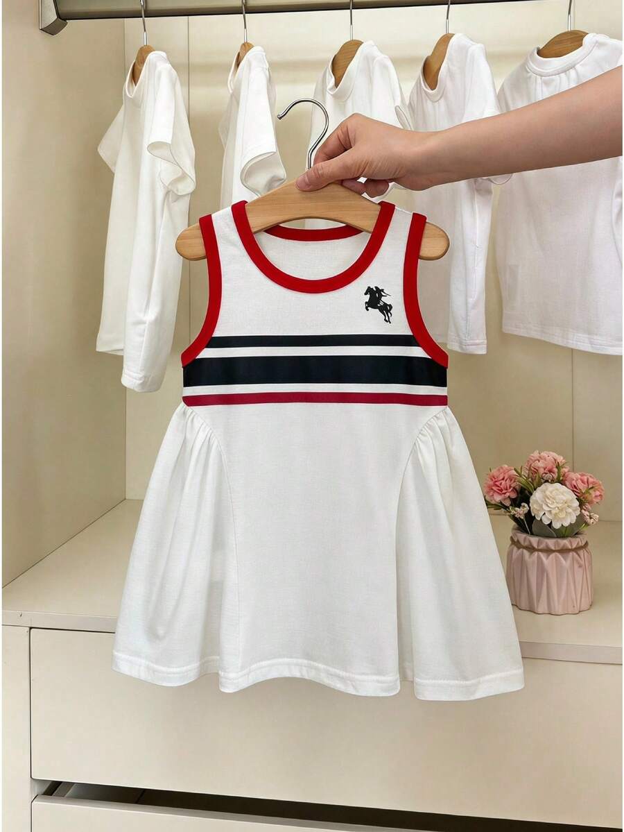 SHEIN 女嬰幼女夏季背心洋裝,時尚簡約百搭風格,白色主體搭配酒紅色領口與袖口滾邊,條紋與動物印花,寬鬆下襬設計,清新活潑夏季學院風,適合女嬰戶外玩耍、休閒度假、日常舒適穿著 - 白色 - 查看 1