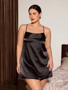 Slumberist Plus Size Mature Sexy Cowl Neck Satin Camisole Nightgown And Knit Jacquard Mesh Robe 2pcs Set - Black - View 5