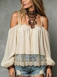 SHEIN LUNE Summer Women's Elegant Lace Cold-Shoulder Blouse, Light Apricot Loose Lantern Sleeve Blouse, Casual Street, Vacation, Date - Apricot - View 5