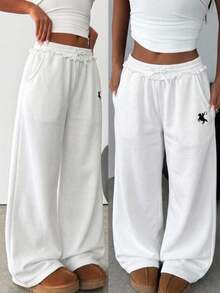 SHEIN Tween Girl Casual Everyday Versatile Comfortable Mid-Waist Embroidered Pattern Sweatpants - White - View 1