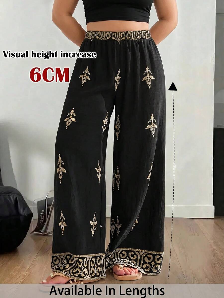 SHEIN Tall CURVE 大码女式印花阔腿波西米亚风长裤，夏季必备 - 黑色 - 查看 1