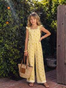 SHEIN 1 st flickjumpsuit för stora tween-tjejer, vintage casual, slim fit, unikt körsbärsmönster med heltryck, lämplig för utomhusaktiviteter på sommaren och skolbruk - Gul - Visa 5