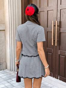 Serisse Ensemble 2 pièces chemise et jupe à carreaux décontracté pour vacances pour femmes - Noir et Blanc - Voir 2