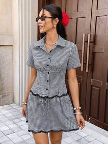 Serisse Ensemble 2 pièces chemise et jupe à carreaux décontracté pour vacances pour femmes - Noir et Blanc - Voir 1