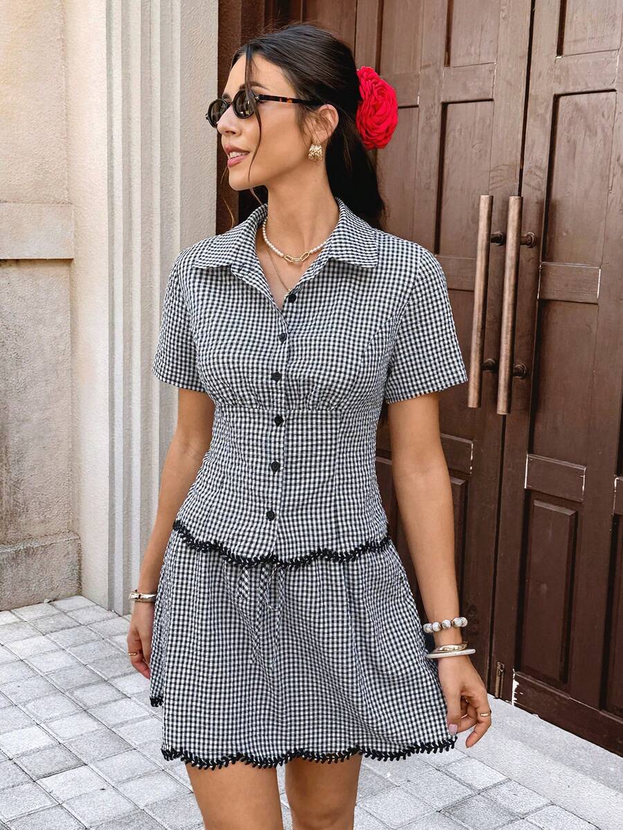 Serisse Ensemble 2 pièces chemise et jupe à carreaux décontracté pour vacances pour femmes - Noir et Blanc - Voir 1
