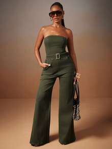 NYA SZN Jumpsuit Buckle Detail Strapless Beach Poolside Yatch Brunch Casual Everyday Summer Statement Unique Outfits For Women - Green - View 1