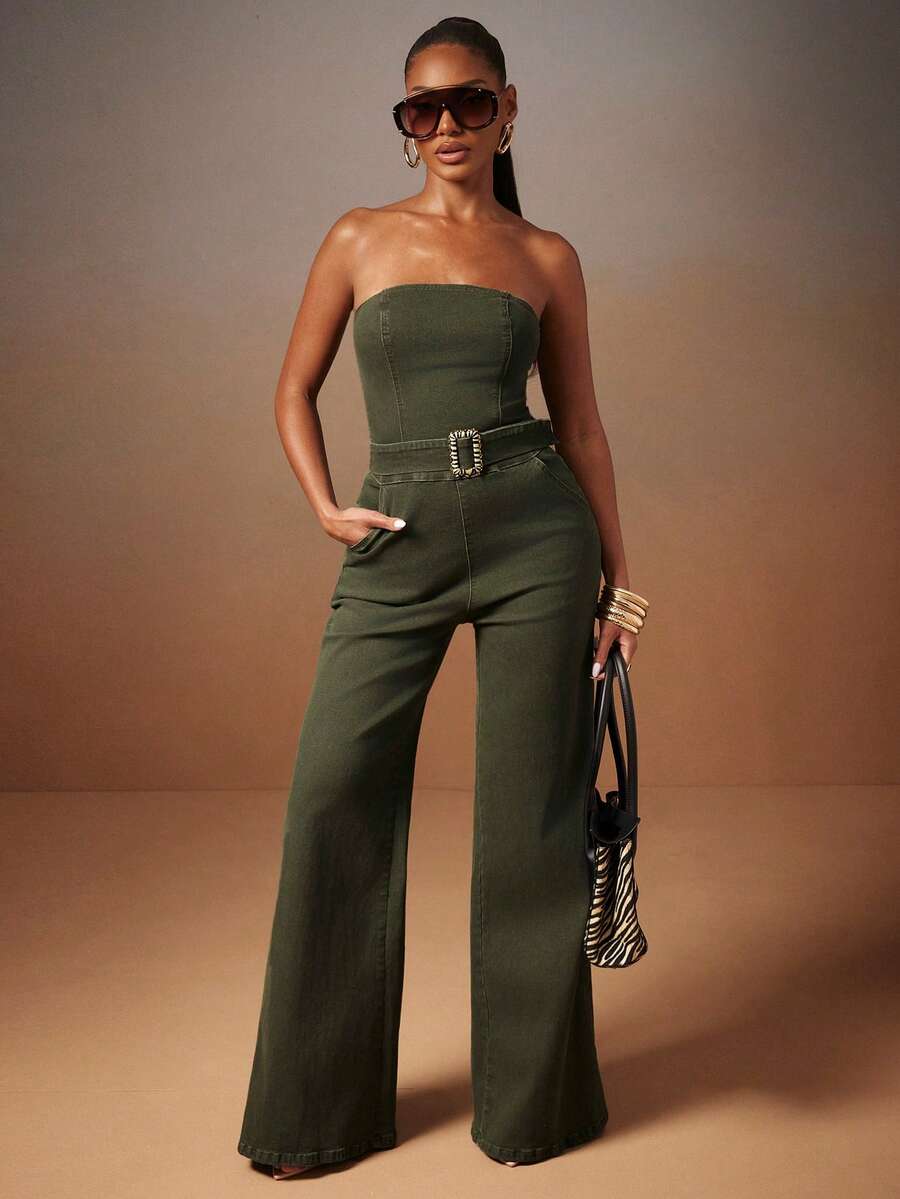 NYA SZN Jumpsuit Buckle Detail Strapless Beach Poolside Yatch Brunch Casual Everyday Summer Statement Unique Outfits For Women - Green - View 1