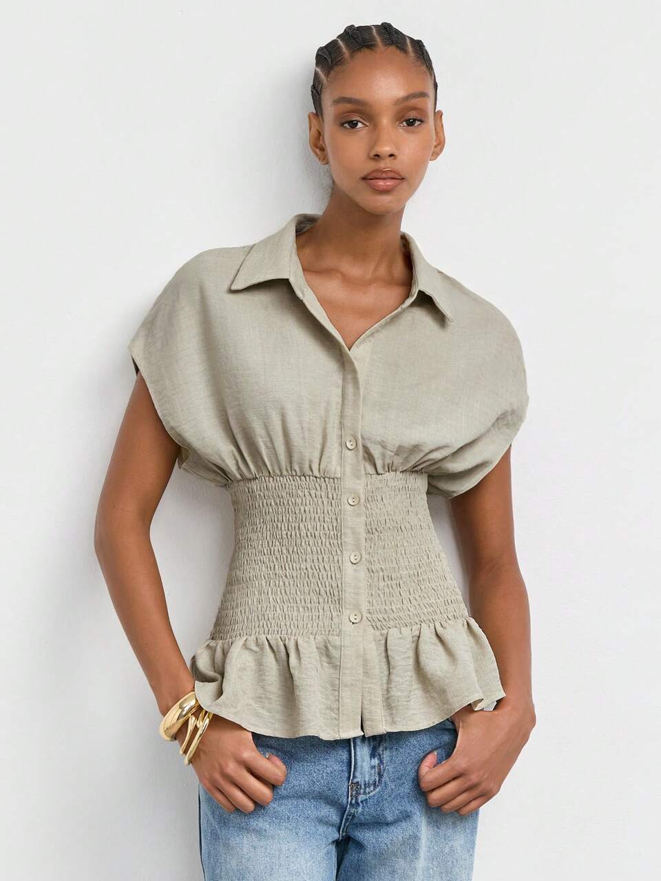 SHEIN Maija Women's Solid Color Pleated Casual Smart Casual Versatile Everyday Brunch Outing Shirt, Going Out Outfits, Summer Holiday Outfits Grey