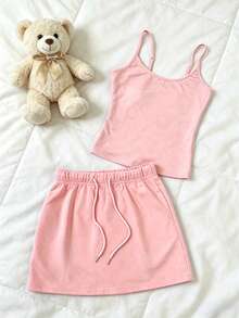 Rovax Summer Women's Solid Color Casual Camisole Top And Skirt 2-Piece Set - Pink - View 3