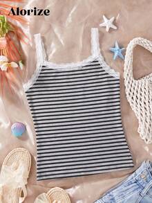 SHEIN Sparklyn 青少年女孩春夏時尚可愛舒適波浪圖案吊帶背心上衣附蝴蝶結，適合外出與聚會 - 彩色 - 查看 6