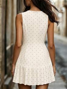 SHEIN Summer Casual Cute Polka Dot Print Pleated Hem Sleeveless Dress Back-To-School Brunch White And Black Polka Dot - Beige - View 3