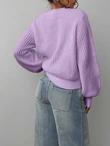 SHEIN BASICS 女款純色時尚百搭圓領長袖針織衫，適合日常穿著 - 淡紫色 - 查看 2