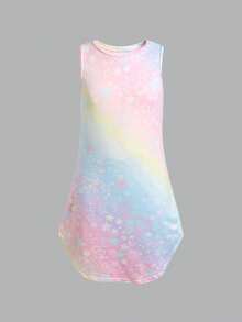 Tween Girl Casual Street Style Cool Fashion Tie-Dye Print Crew Neck High-Low Tank Dress - Multicolor - View 4