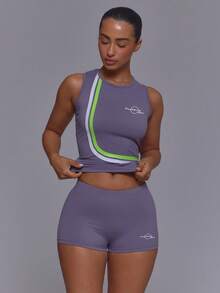 Musera Sport Purple Crewneck Multi Stripe Pattern Sport Logo Sleeveless Fitted Tank Top With Fitted Mini Shorts Coord Sold As Set Gym Vintage Active - Purple - View 1