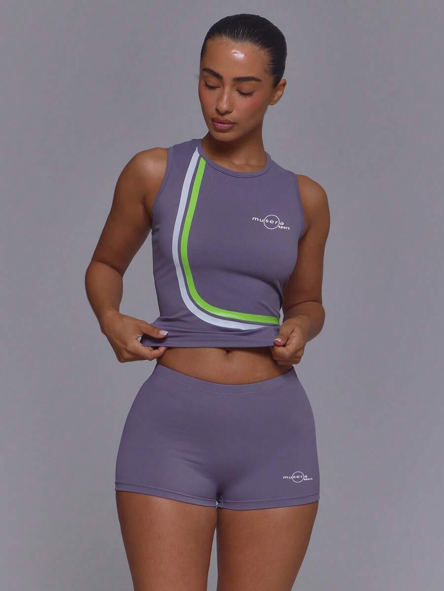 Musera Sport Purple Crewneck Multi Stripe Pattern Sport Logo Sleeveless Fitted Tank Top With Fitted Mini Shorts Coord Sold As Set Gym Vintage Active - Purple - View 1