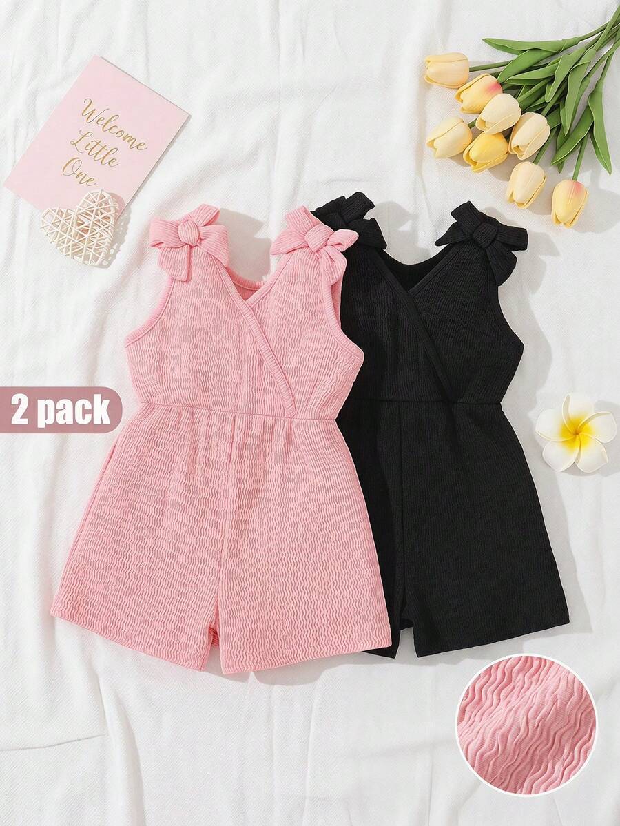 SHEIN Baby Girls Summer V-Neck Sleeveless Romper Two Pieces Set Ruffled Shoulder Straps Chic Outfit - Multicolor - View 1