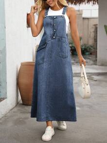 EMERY ROSE Plus Size Women's Casual Daily Denim Overall Dress With Pockets - Dark Wash - View 8