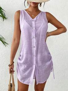 Swim Lushoire Kimono Kasual Wanita untuk Liburan, Warna Polos, Kancing Depan, Tali Serut Samping, Tanpa Lengan - Mauve Purple - View 1