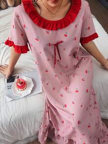 Napfluff Women's Cherry Print Color Block Ruffle Trim Short Sleeve Nightgown, Cute Style With Bow Decor - Pink - View 6
