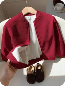 SHEIN Young Boys Corduroy Fleece Lined Zipper Baseball Jacket Padded Coat, Super Affordable, Suitable For Commuting, School, Daily Casual, College Style, Travel, Sports, Autumn/Winter - Burgundy - View 1