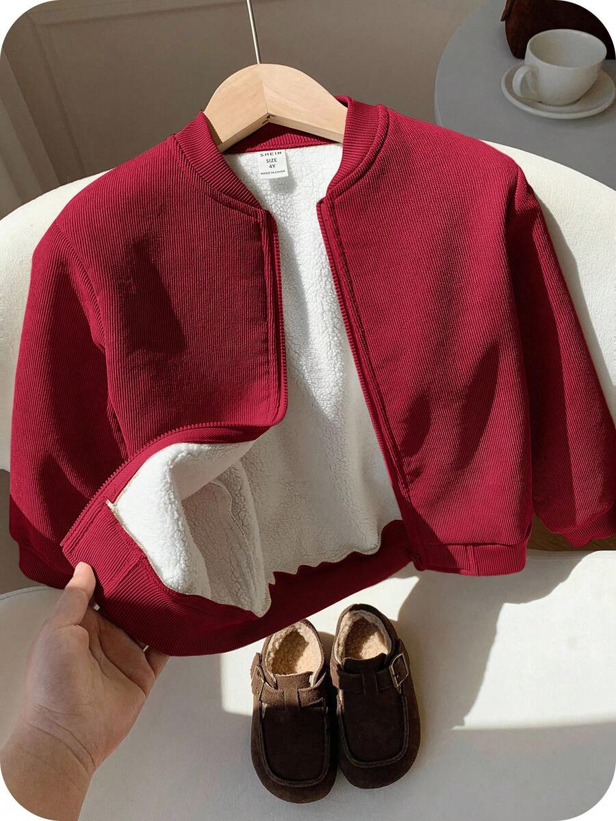 SHEIN Young Boys Corduroy Fleece Lined Zipper Baseball Jacket Padded Coat, Super Affordable, Suitable For Commuting, School, Daily Casual, College Style, Travel, Sports, Autumn/Winter - Burgundy - View 1