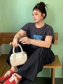 Dazy Plus 彈性腰寬鬆寬腿長褲裙褲 春夏百搭大尺碼女款休閒長褲 - 黑色 - 查看 4