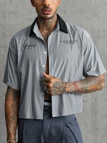 AXEPEAK Men's Striped Letter Print Single-Breasted Short Sleeve Shirt - Black - View 3