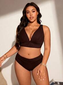 Swim Lushoire Summer Beach Minimalist Textured Fabric Solid Color Plus Size Swimsuit Set - Coffee Brown - View 4