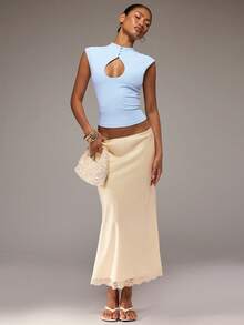 SHEIN BAE Women's Beige/Cream Solid Color Lace Trim Spliced Midi Satin Skirt, Suitable For Vacation, Beach Date, Party, Brunch, Commute, Wedding Guest Wear. - Apricot - View 6