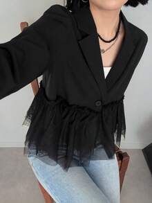FRIFUL Women's Early Autumn New Korean Style Patchwork Sheer Mesh Pleated Blazer - Black - View 6