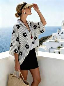 Breezaya Women's Summer Casual Minimalist Style Geometric Line Pattern Split Hem Drop Shoulder Trim Shirt Fashion Commute Blouse - Black - View 5