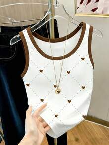 Resyla Women's Heart Print Trim Round Neck Casual Versatile Tank Top - White - View 3
